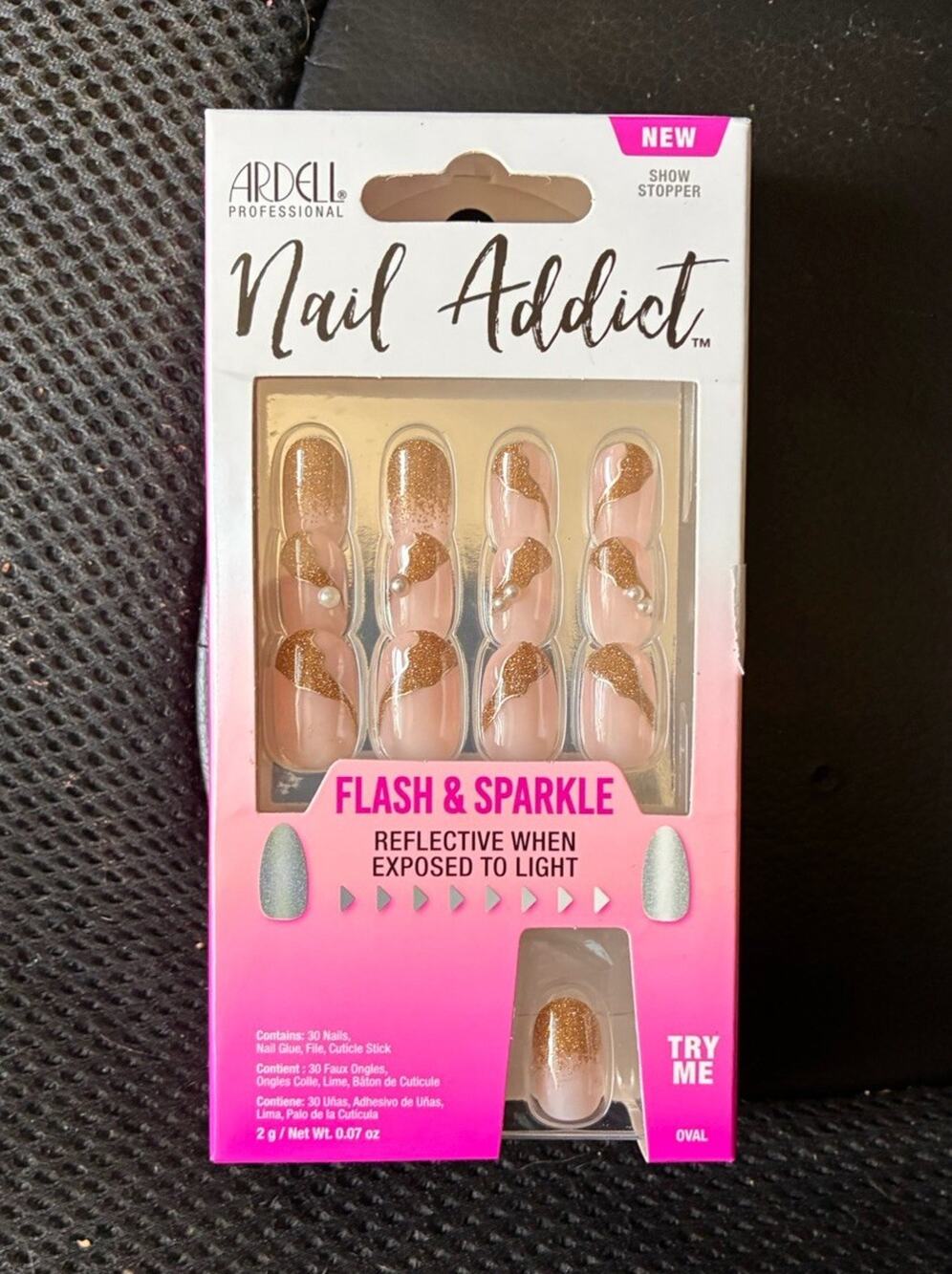 Ardell Nail Addict Flash & Sparkle Oval Long Pink/Gold Glitter Nails +Glue